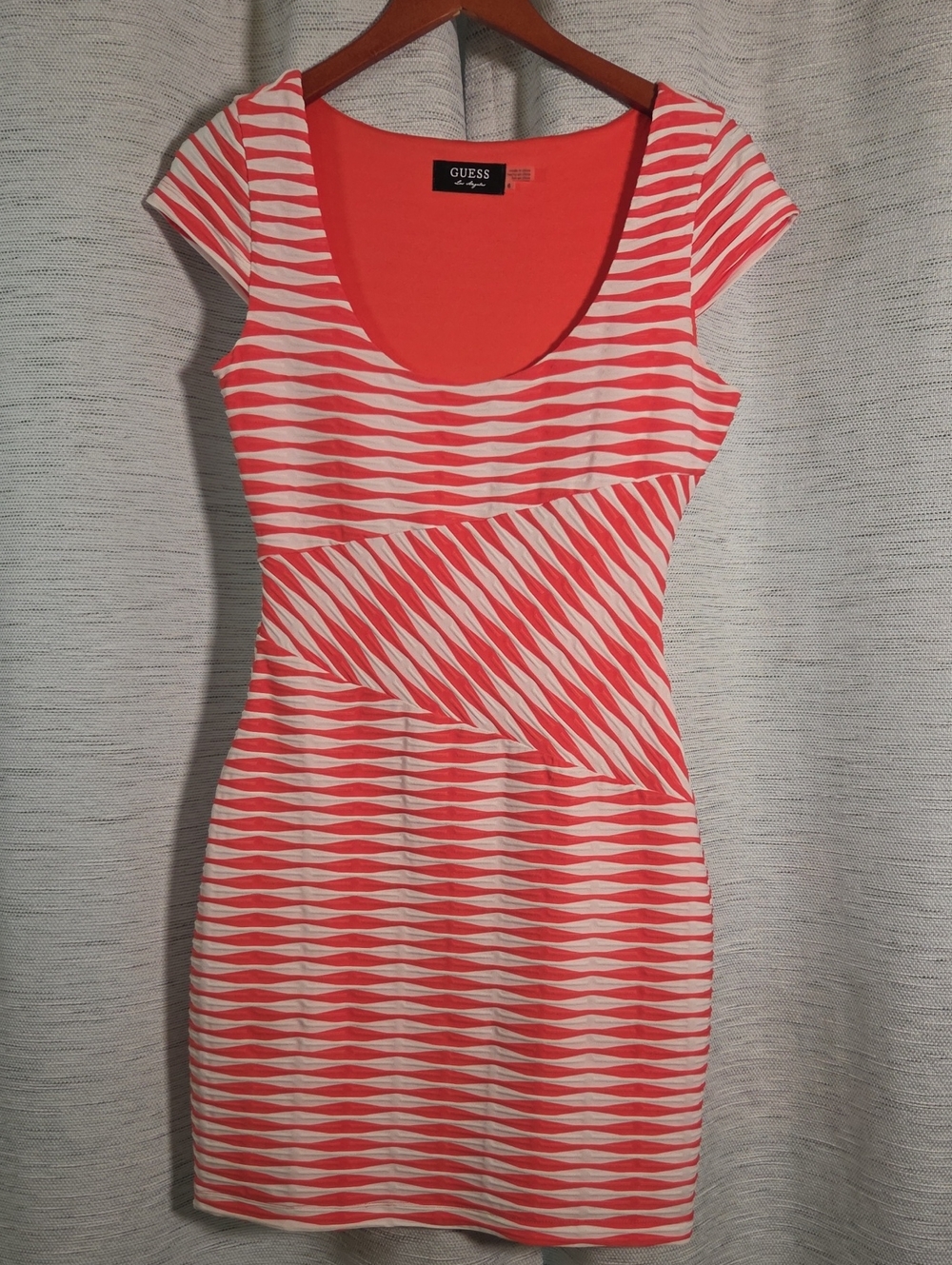 GUESS Coral and White Striped Scoop-Neck Mini Dress